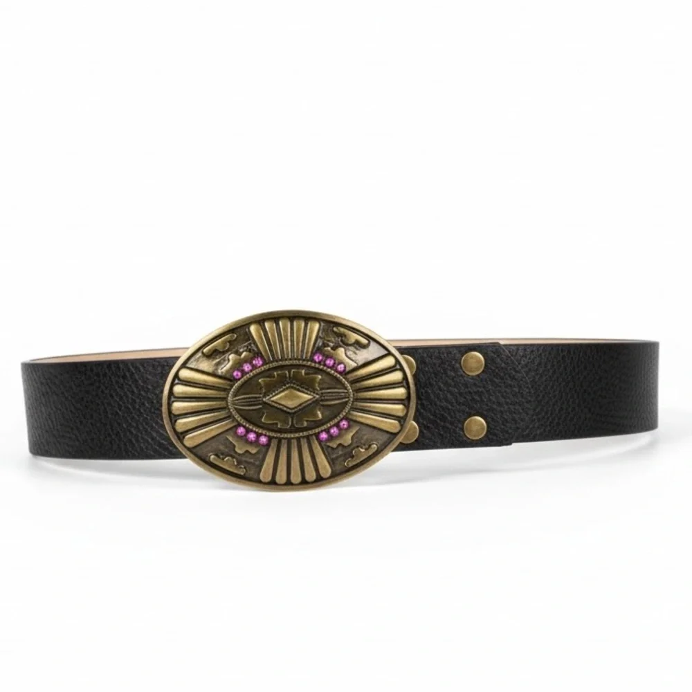 Vintage Suzanne Somers Western Pebbled Leather Belt M/L Boho Brown Brass Concho